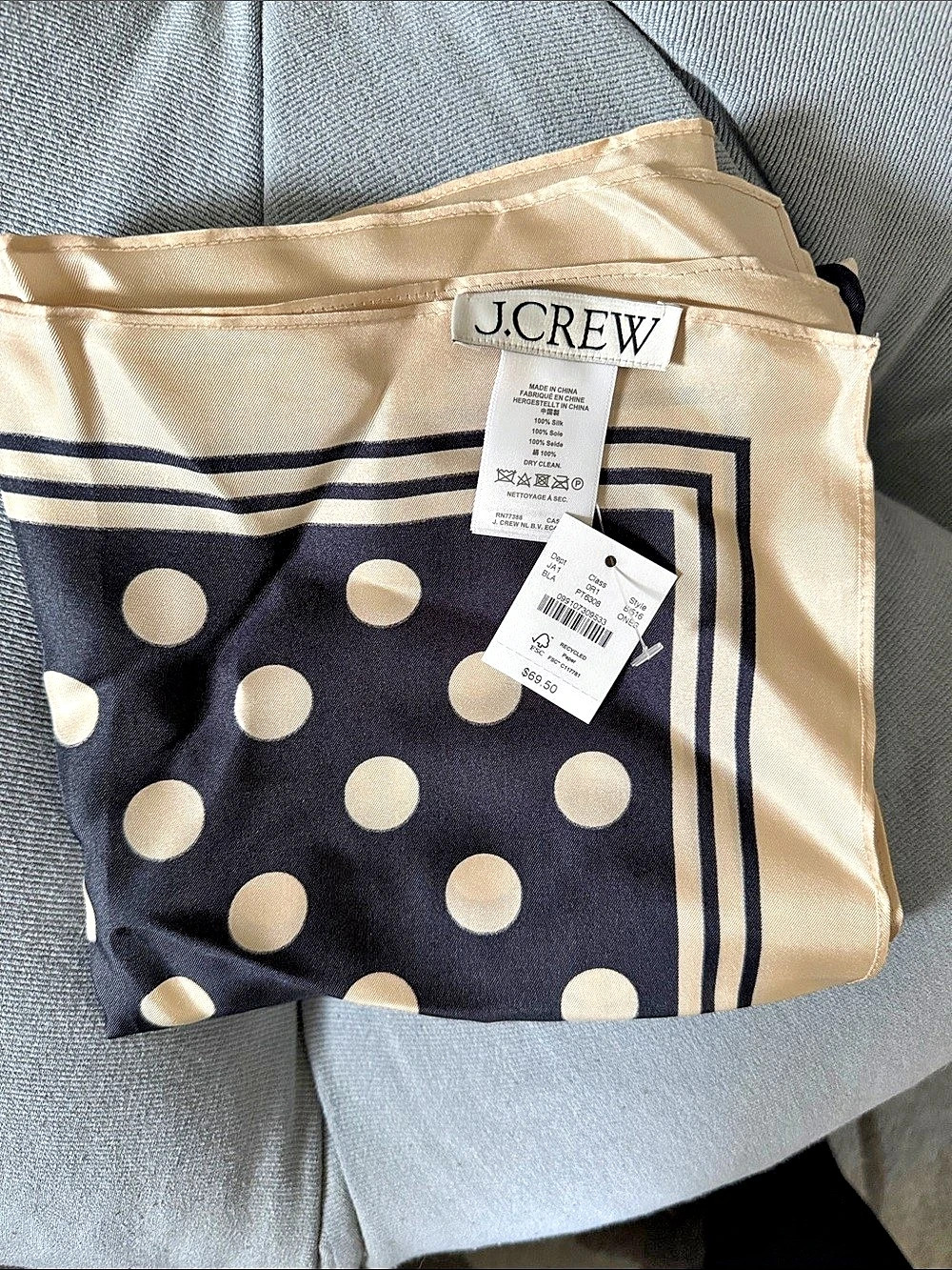 J.CREW Oversized Silk Polka Dot Scarf Black & Cream NWT